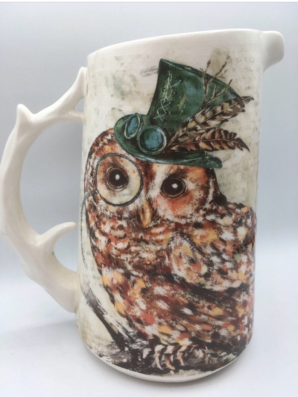 Pier 1 White Ceramic Owl Pitcher with Green Hat and Brown Feathers